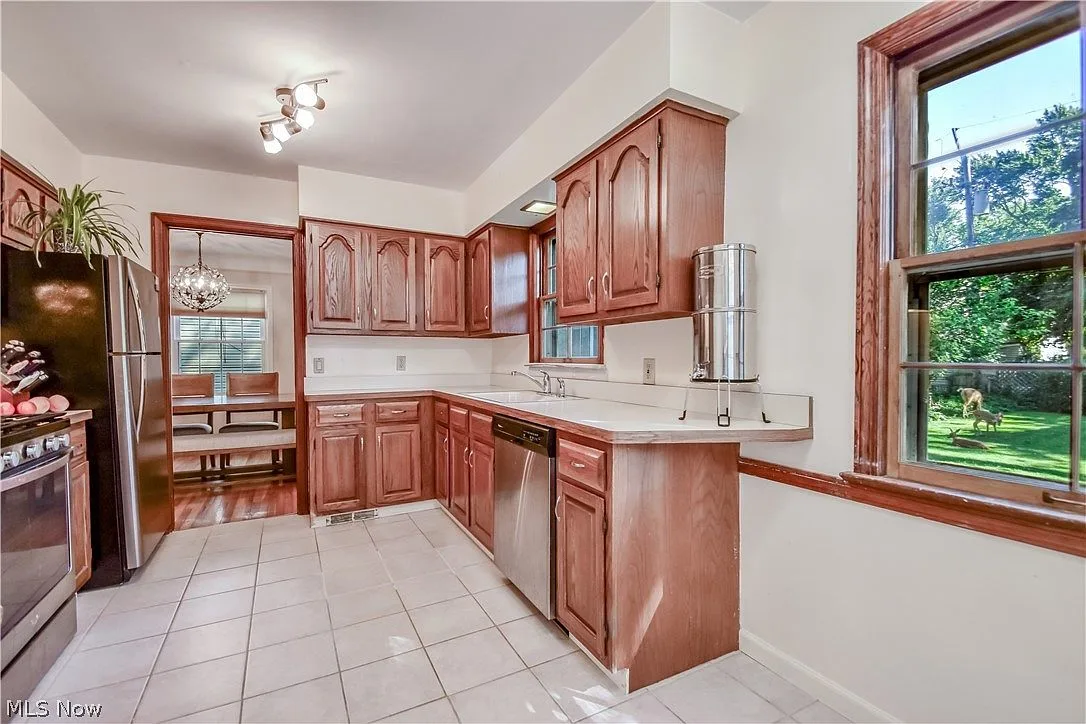 Kitchen view looking into dining area with wood cabinetry