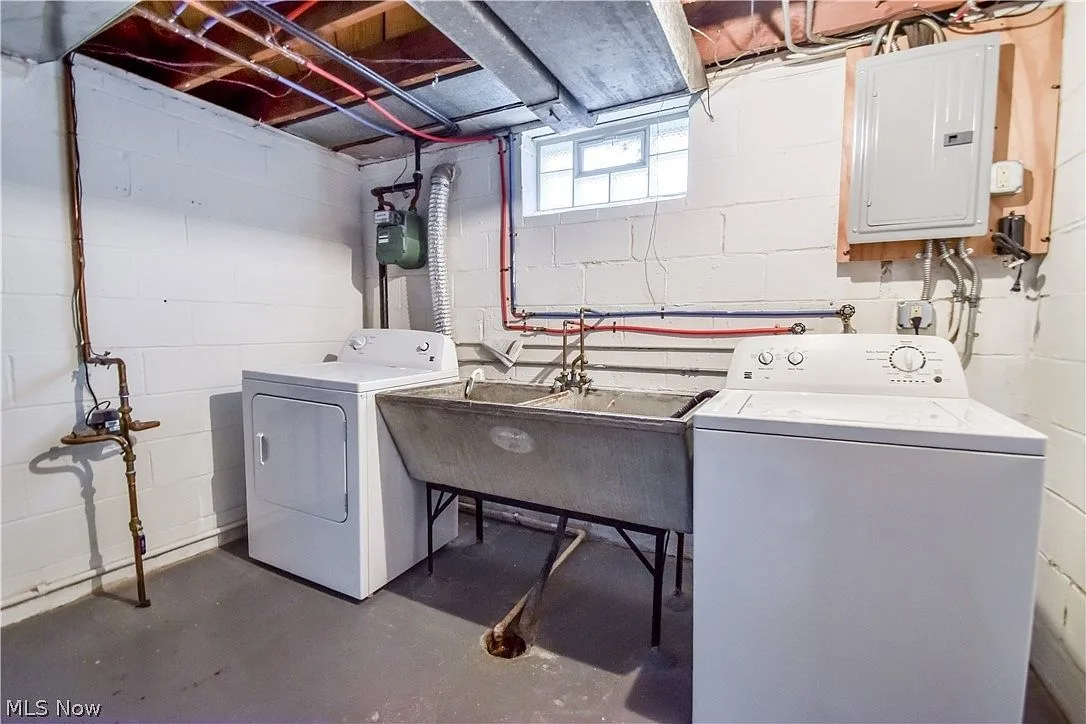 Basement utility and laundry area with concrete block walls