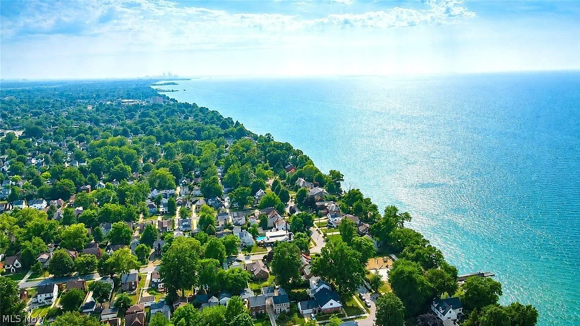 High-altitude aerial of lakeside neighborhood along Lake Erie