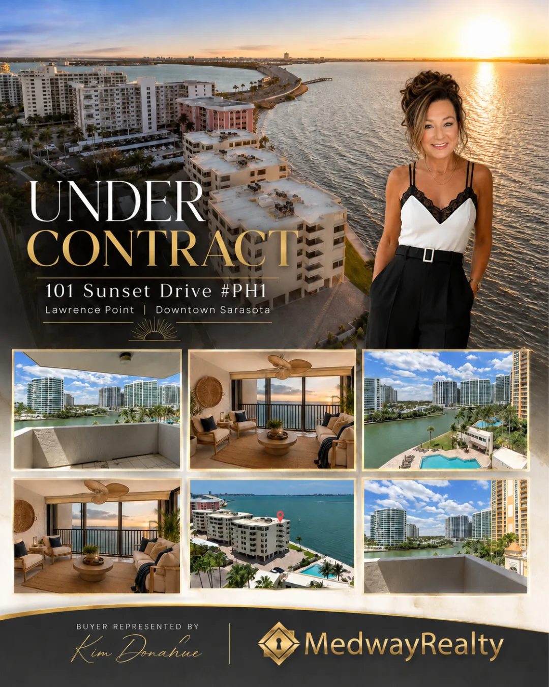 Marketing flyer for a stunning penthouse at Lawrence Pointe in downtown Sarasota, Florida, now under contract with Kim Donahue representing the buyer
