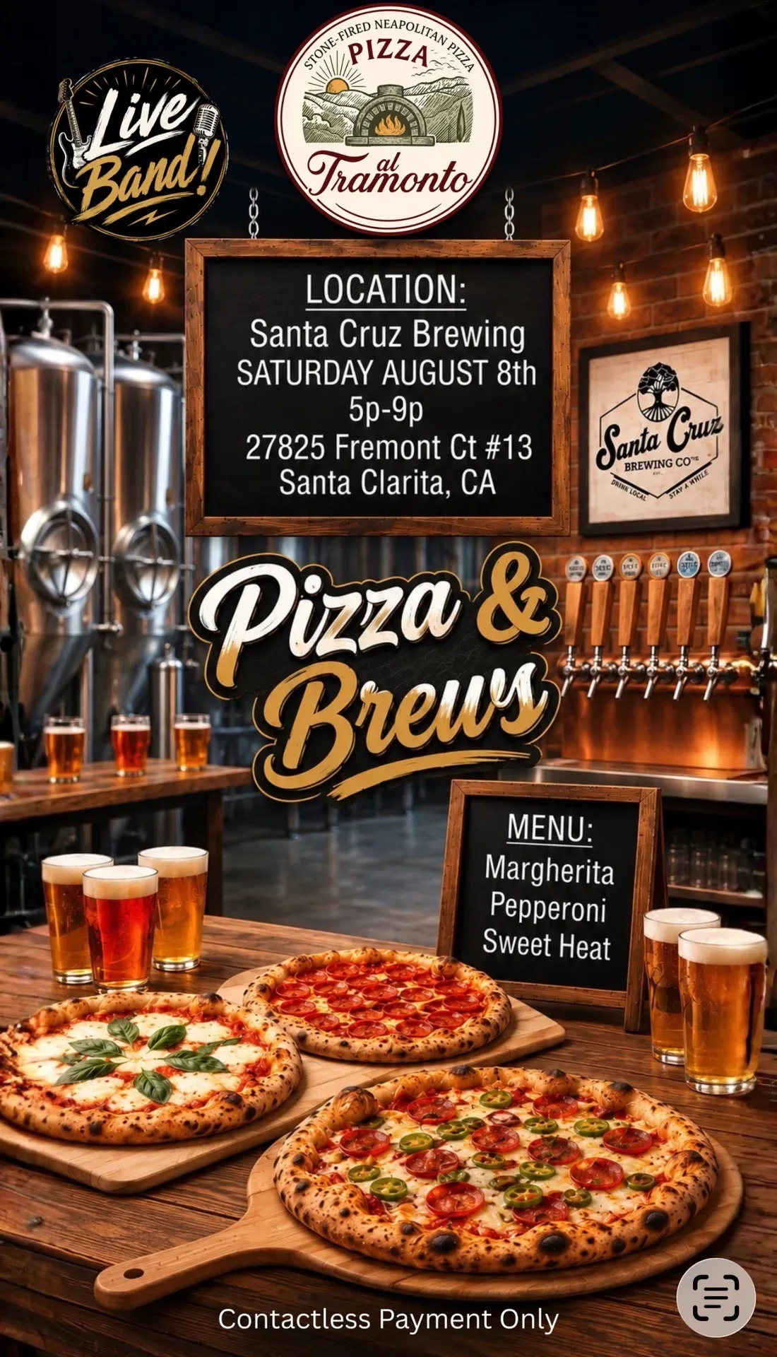 Pizza & Brews promotional flyer for Pizza al Tramonto at Santa Cruz Brewing on Saturday, August 8th, 5 PM to 9 PM