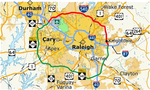 Regional map of the Raleigh North Carolina area and Triangle highways