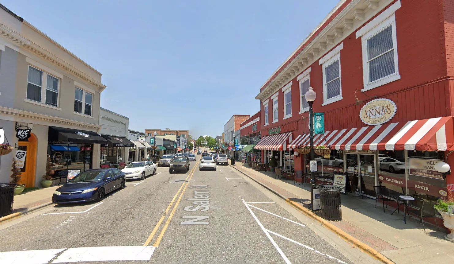 Downtown Apex street view with historic buildings and shops