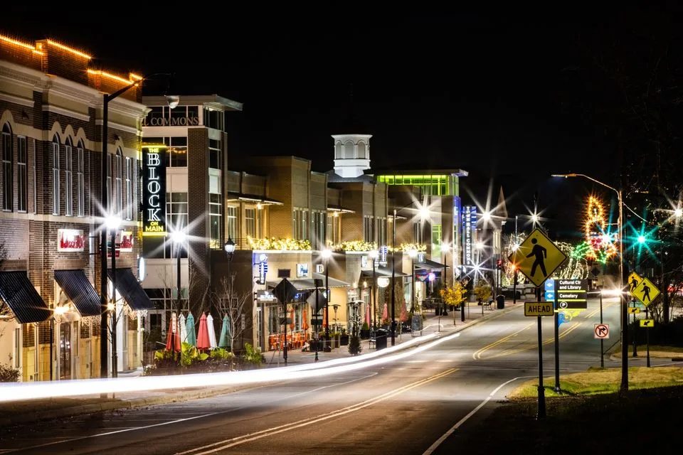 Downtown Holly Springs commercial district at night