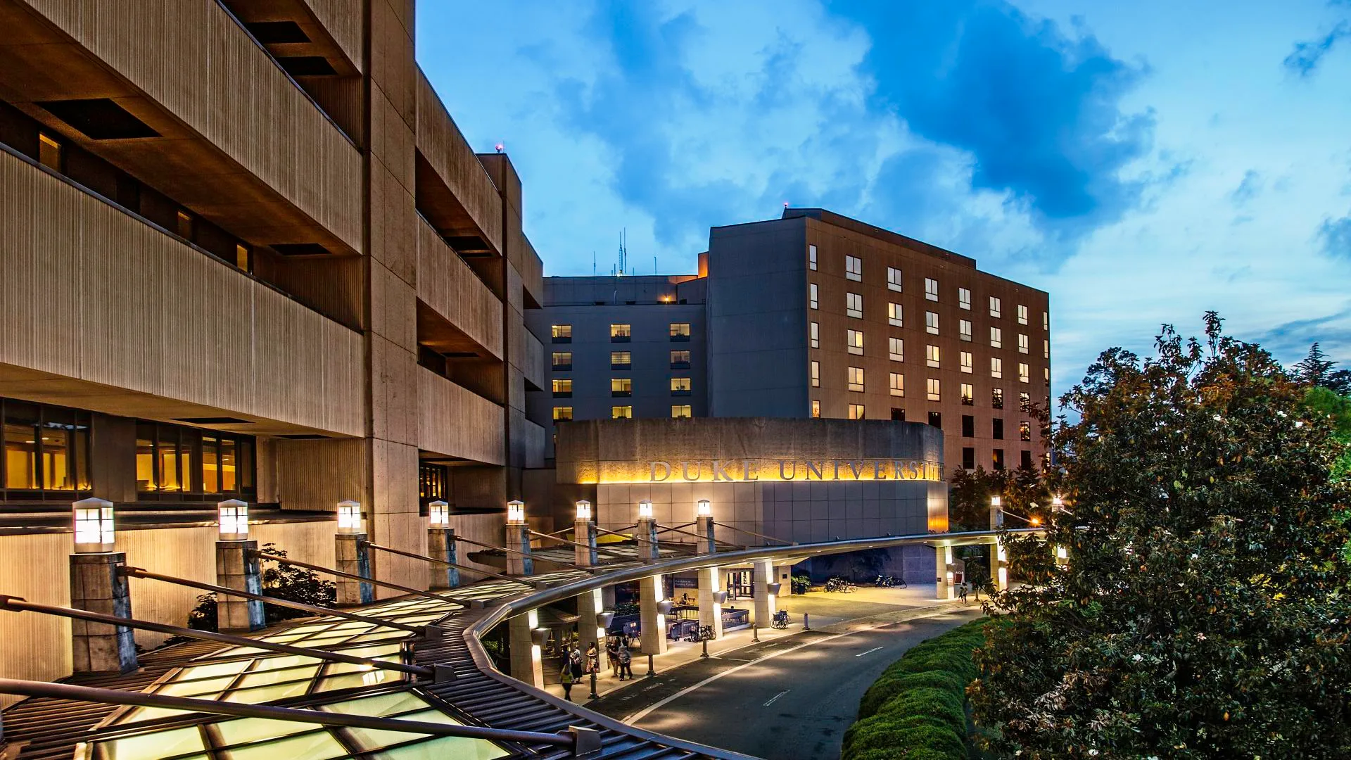 Duke University campus and hospital facade with iconic chapel tower