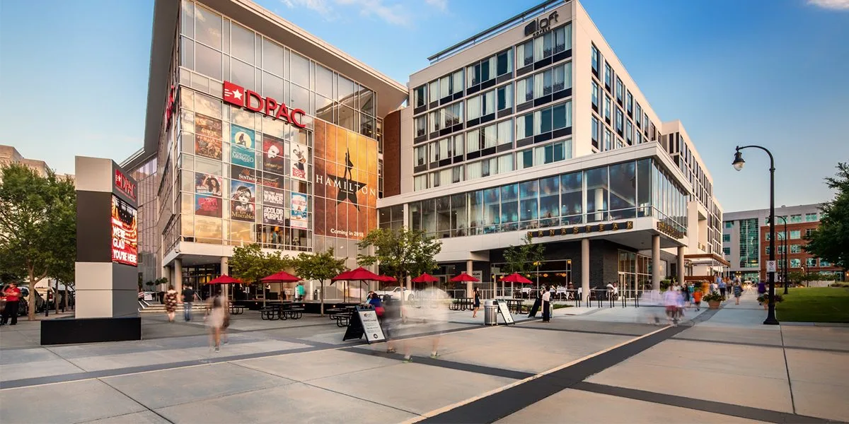 Durham Performing Arts Center (DPAC) daytime exterior on Vivian Street in Downtown Durham