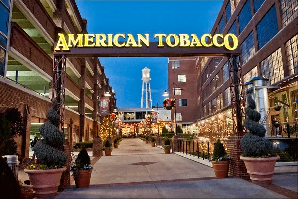 Historic brick buildings of the revitalized American Tobacco Campus in downtown Durham