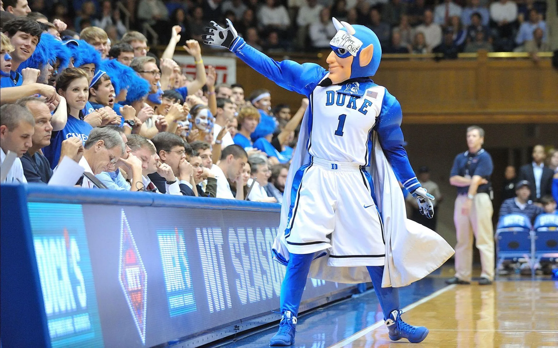 Duke fans and mascot at Cameron Indoor Stadium