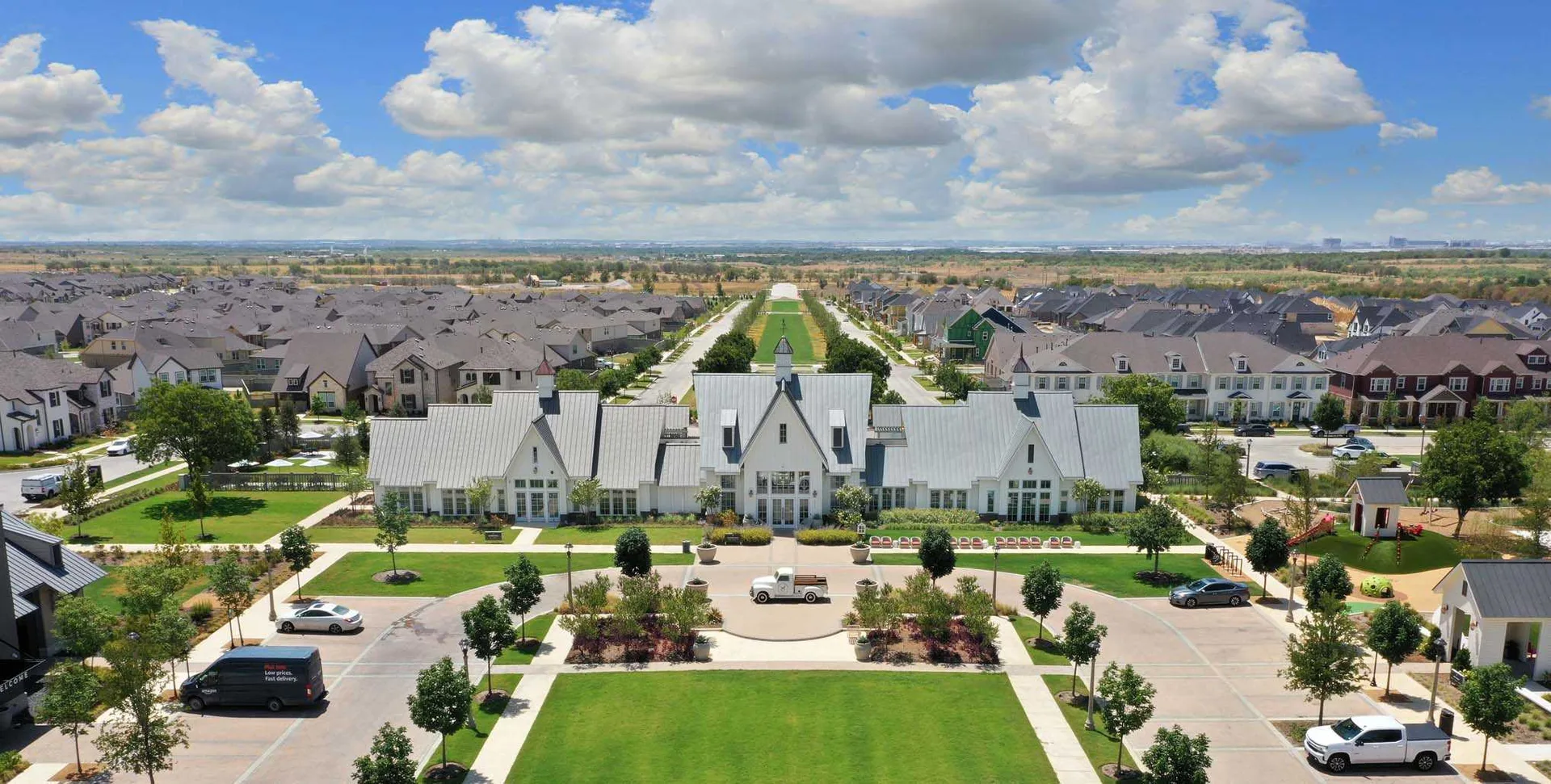 Drone aerial view of the Pecan Square community amenity center in Northlake, Texas