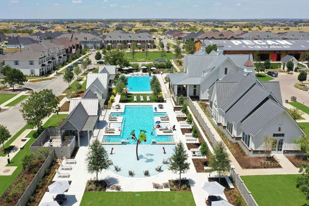 Swimming pool complex at the Pecan Square amenity center in Northlake, Texas