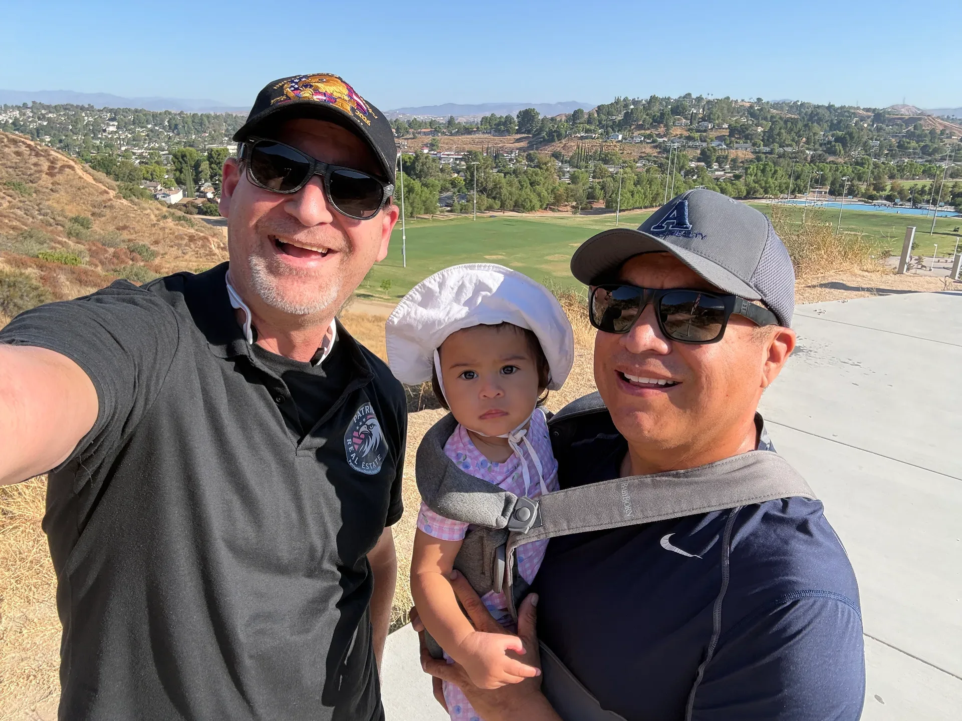 Selfie at the top of the SCV Stairs with a view of the community park and rolling hills in the background