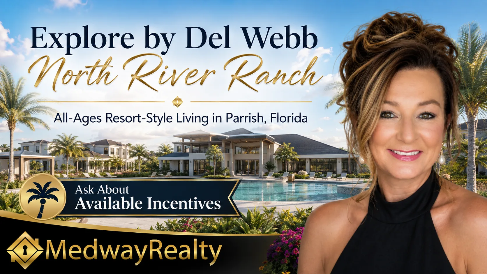 Resort-style clubhouse pool and lounge area at Explore by Del Webb North River Ranch with palm trees, cabanas, and tropical landscaping
