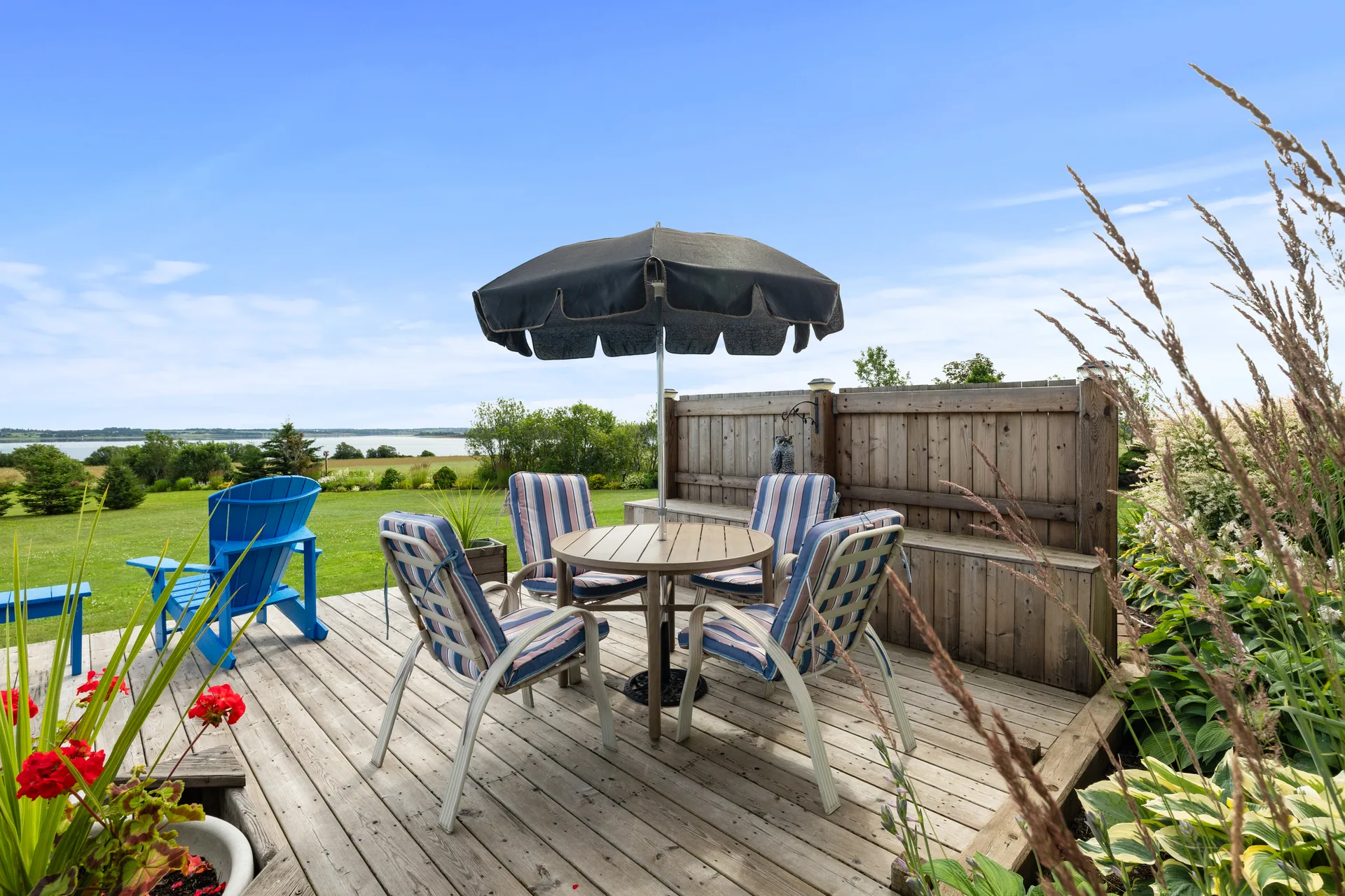 Backyard deck with water view and privacy screen