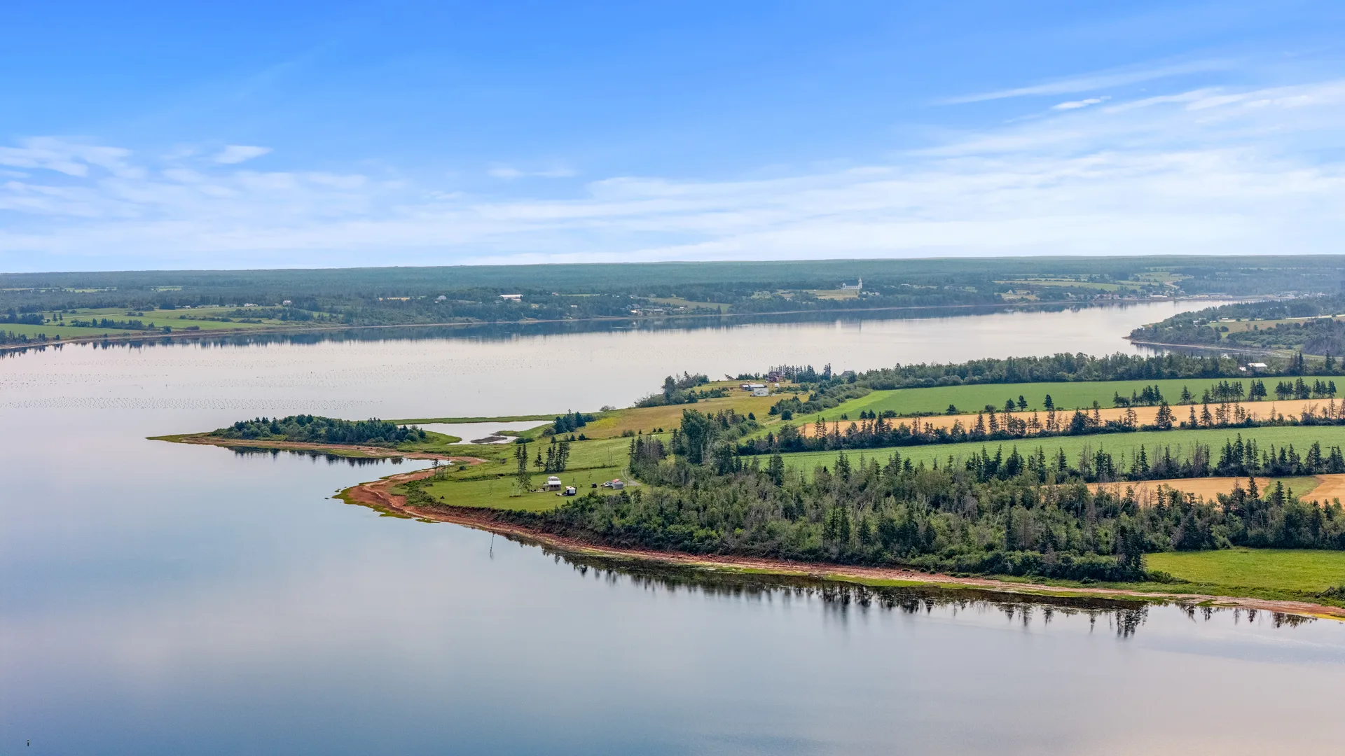 Aerial view of St. Peters Bay and coastal landscape