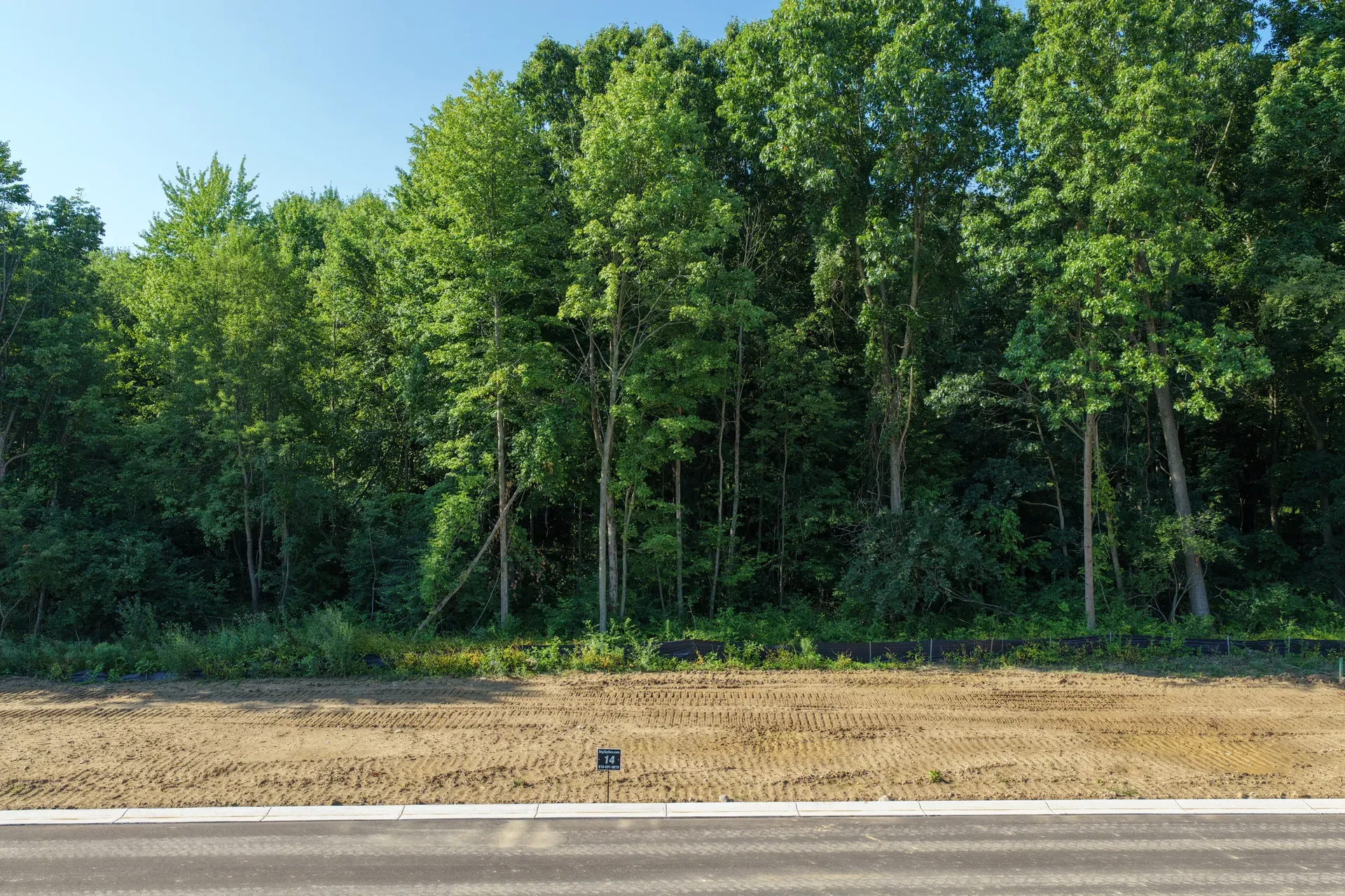 Drone view of a vacant residential lot at Oaks of Tyrone showing the wooded acreage and natural landscape preserved by Big Sky Development