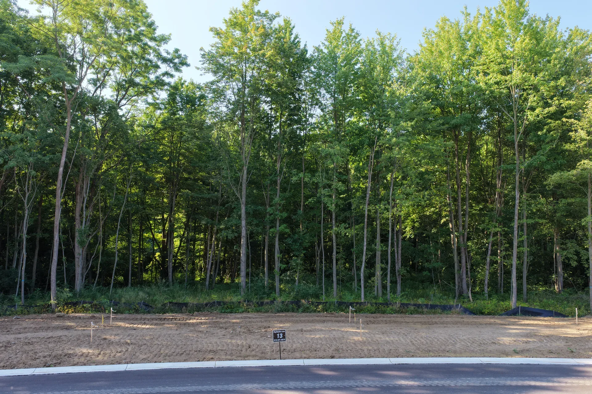 Aerial view of a wooded vacant lot at Oaks of Tyrone with dense forest canopy and open homesite area in Tyrone Township Michigan