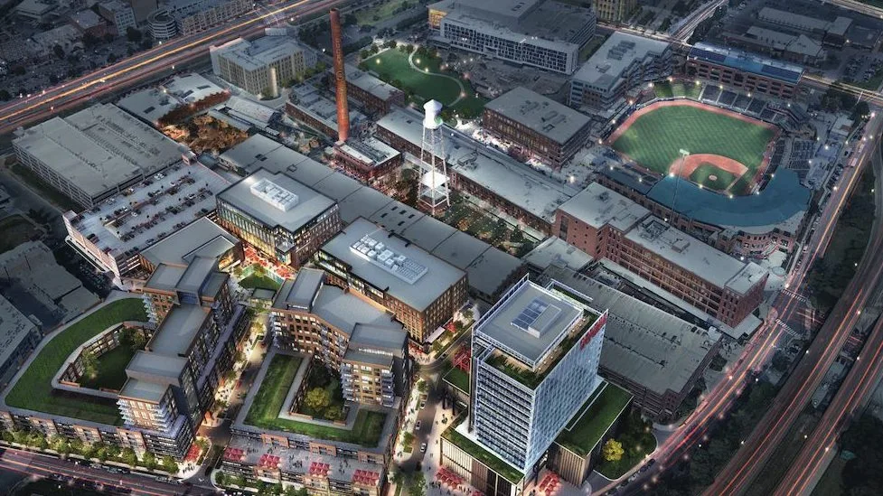 Aerial view of American Tobacco Campus and Durham Bulls Athletic Park