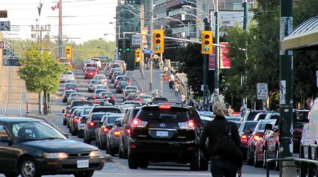Urban city traffic in Durham, NC during rush hour