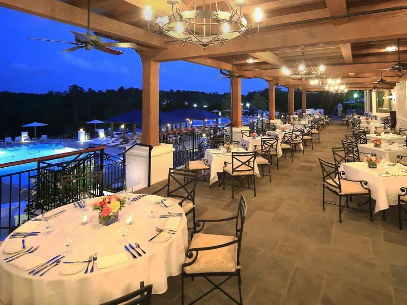 Elegant private club dining room with golf course views at Hope Valley Country Club