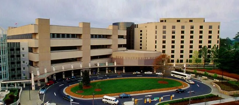 Aerial exterior view of the Duke University Hospital complex on Erwin Road, about 2 miles from Downtown Durham
