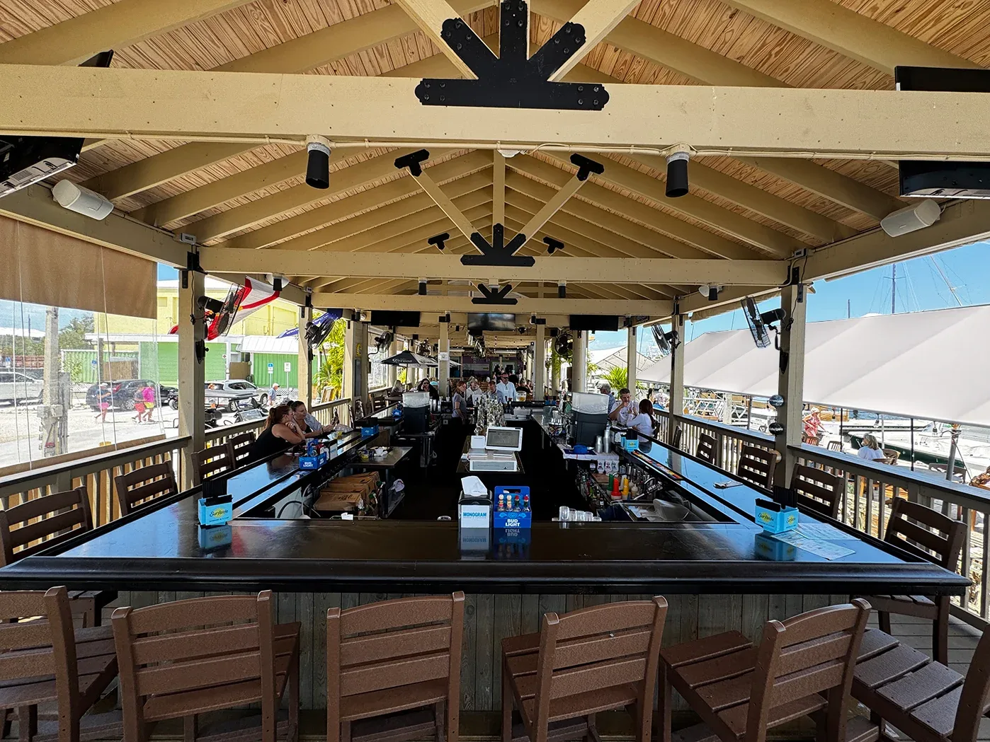 Key Largo Fisheries outdoor pavilion and bar at the working marina in Key Largo