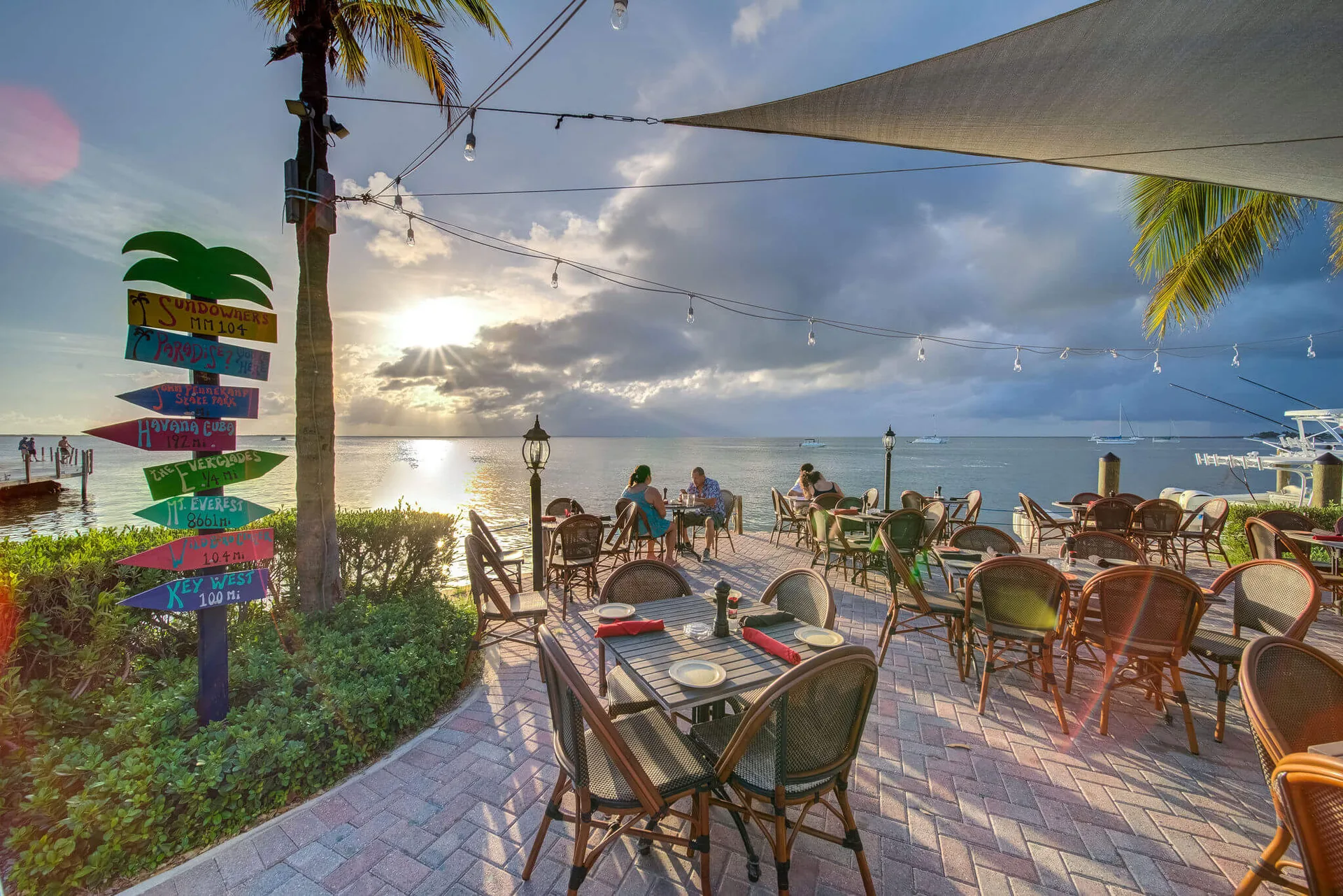 Sundowners Waterfront Restaurant patio dining with sunset views in Key Largo Florida