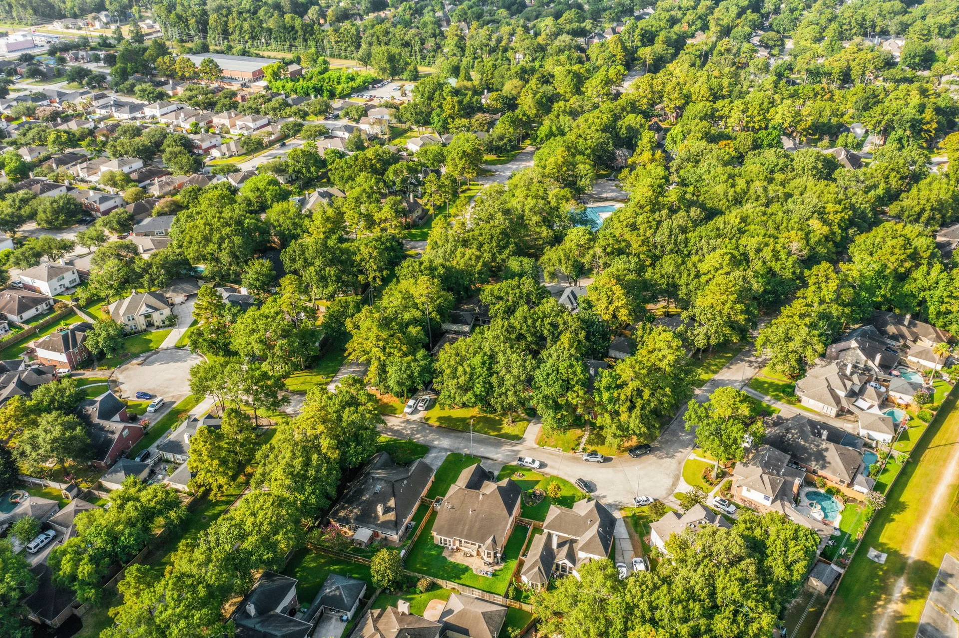 Aerial view of Kingwood, Texas neighborhood with tree-lined streets and homes