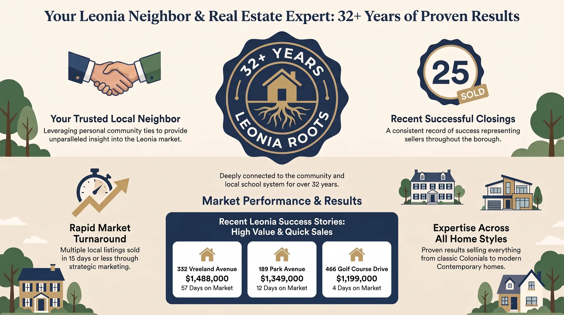 Scott Selleck's Leonia real estate expertise infographic showing 32+ years of roots, 25+ recent sold closings, and success stories at 332 Vreeland Ave, 189 Park Ave, and 466 Golf Course Drive.