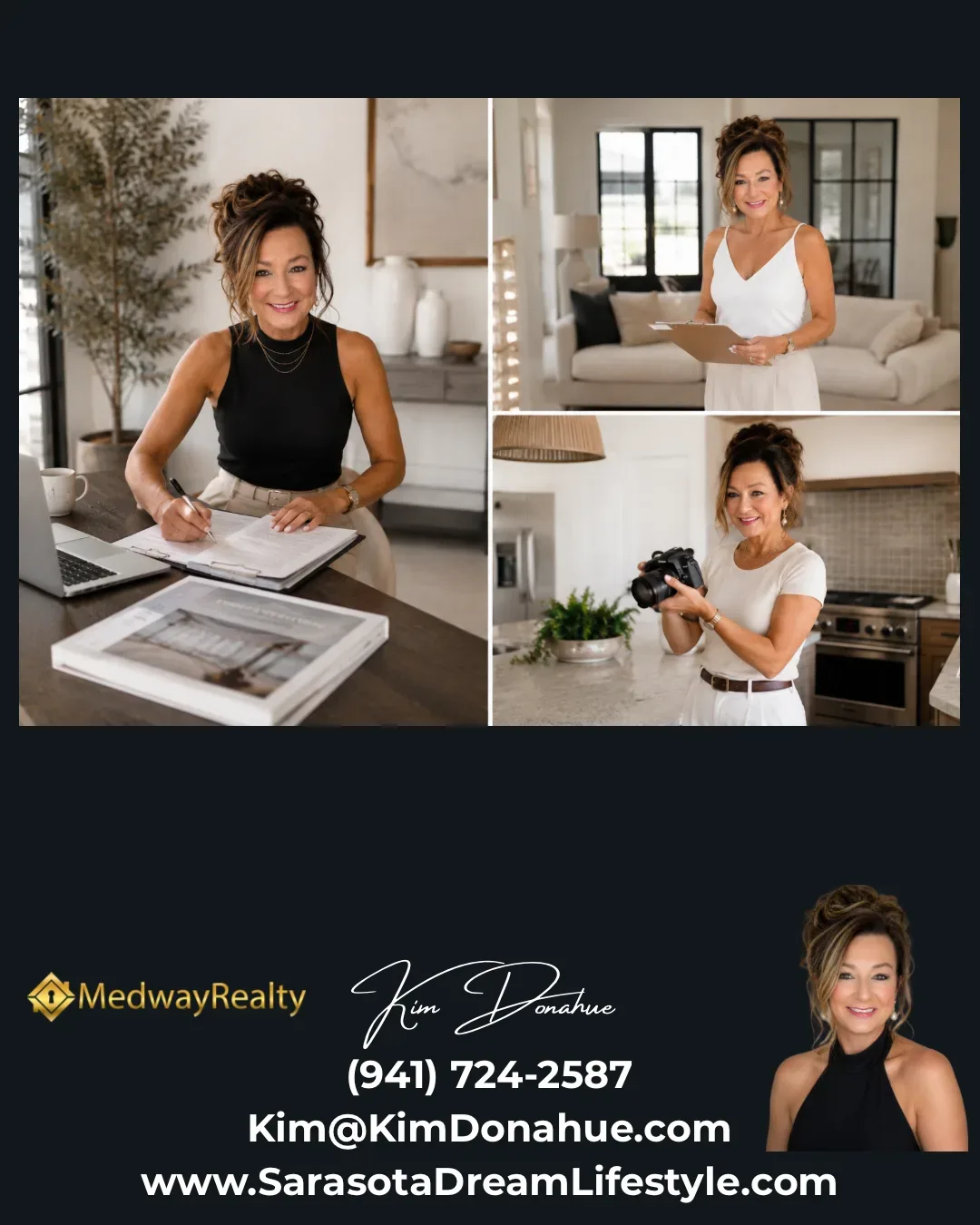 Real estate agent promotional collage with Kim Donahue at work in staged interiors