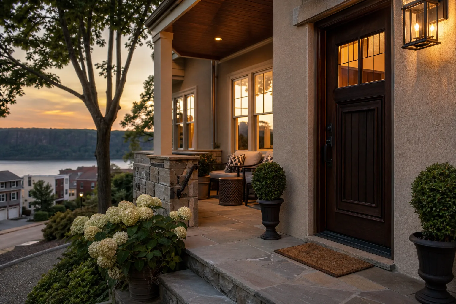 Front porch of a Northern New Jersey home at sunset with warm golden light