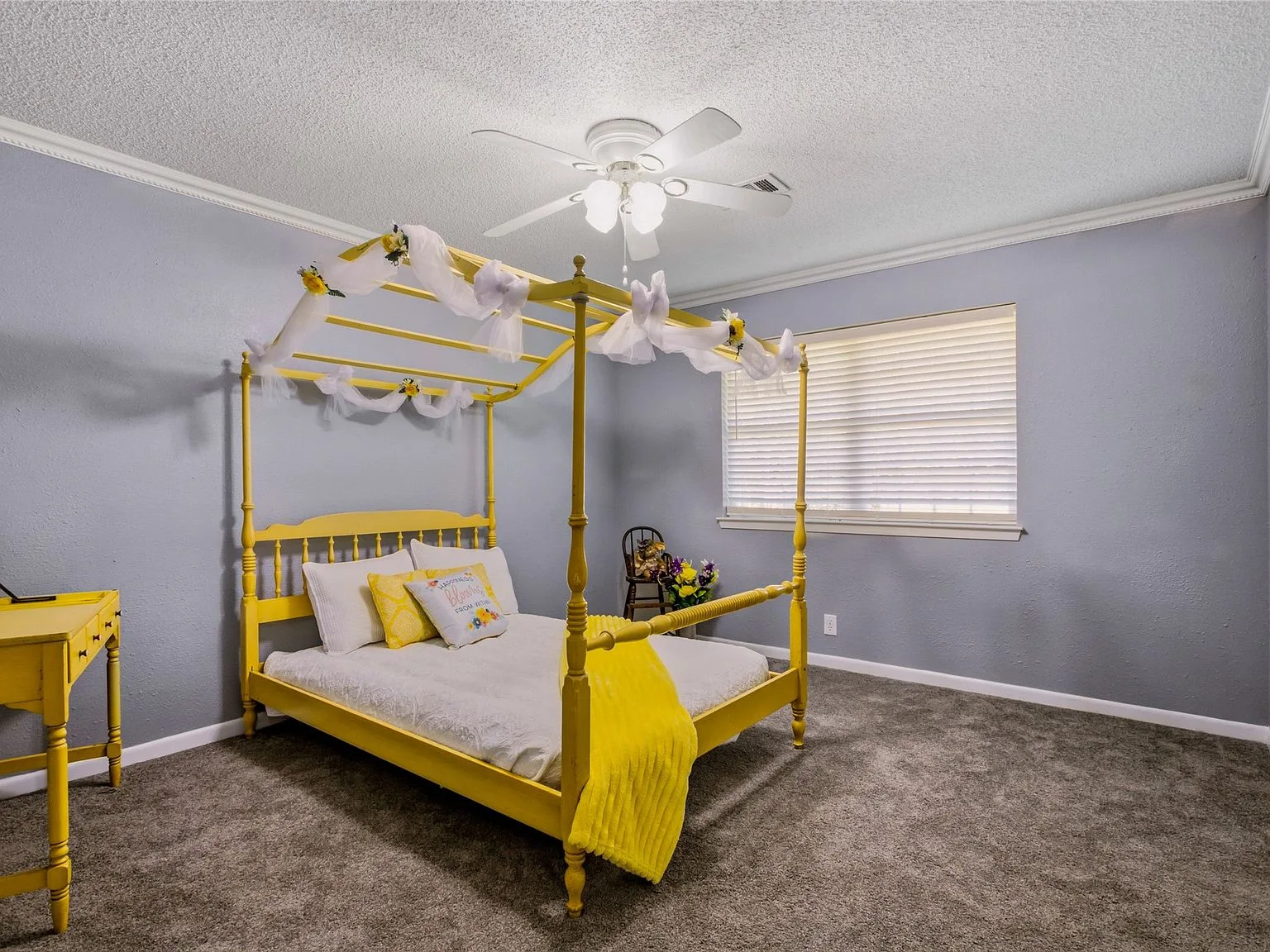 Bedroom with grey walls, carpeted flooring, and natural lighting