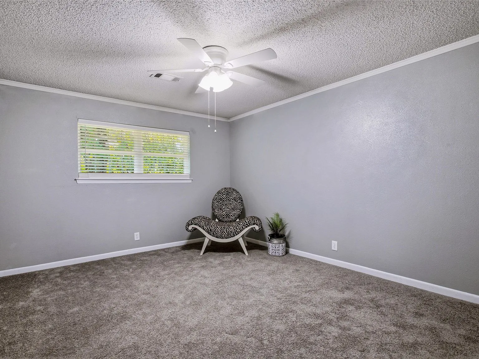 Secondary bedroom with gray walls, white trim, and natural daylight