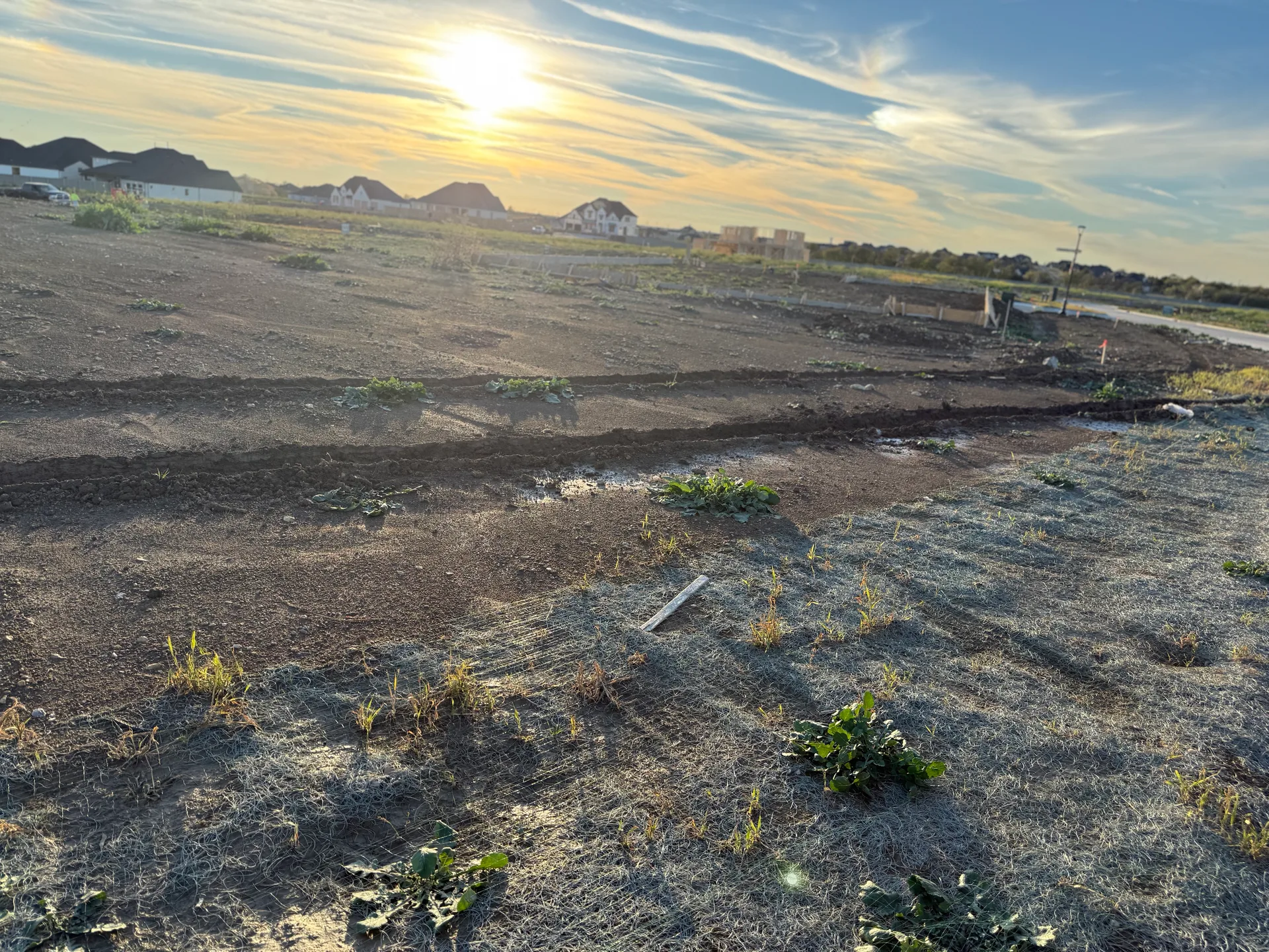 Open homesite at sunset with neighboring homes under construction at Furst Ranch in the Flower Mound–Argyle area of Texas