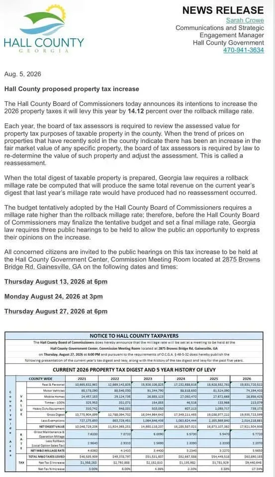 Hall County official notice of proposed 2026 property tax increase with millage rate details