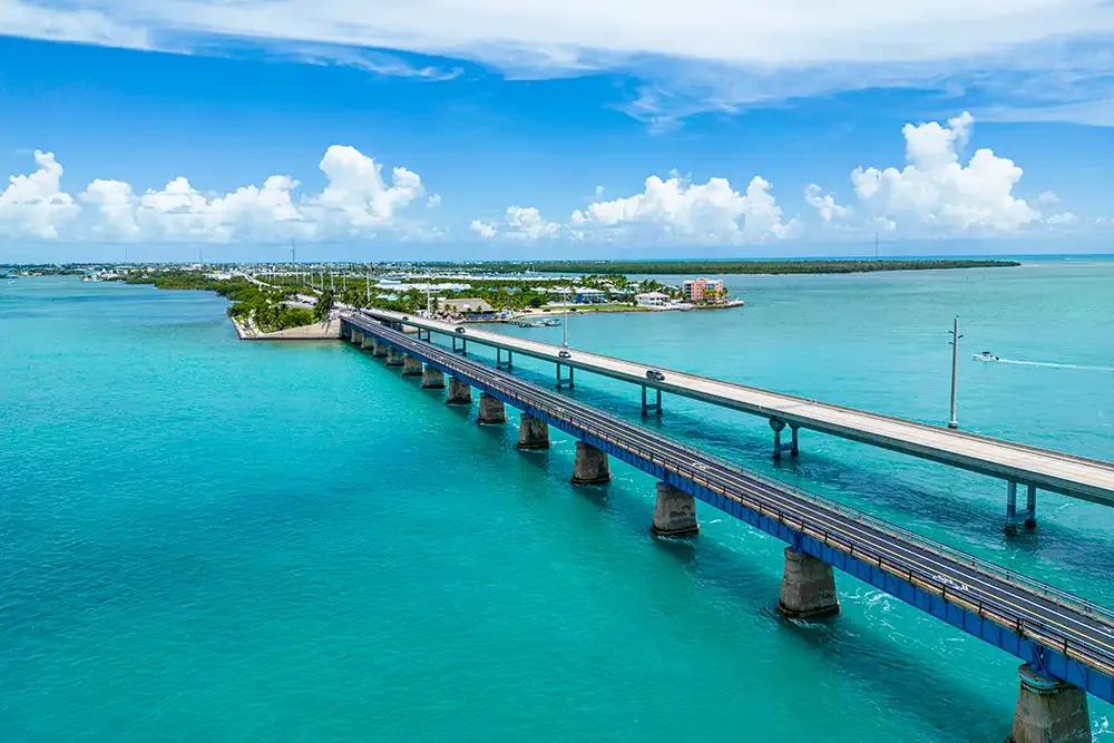 Aerial view of the Florida Keys island chain with turquoise water and bridges connecting the islands
