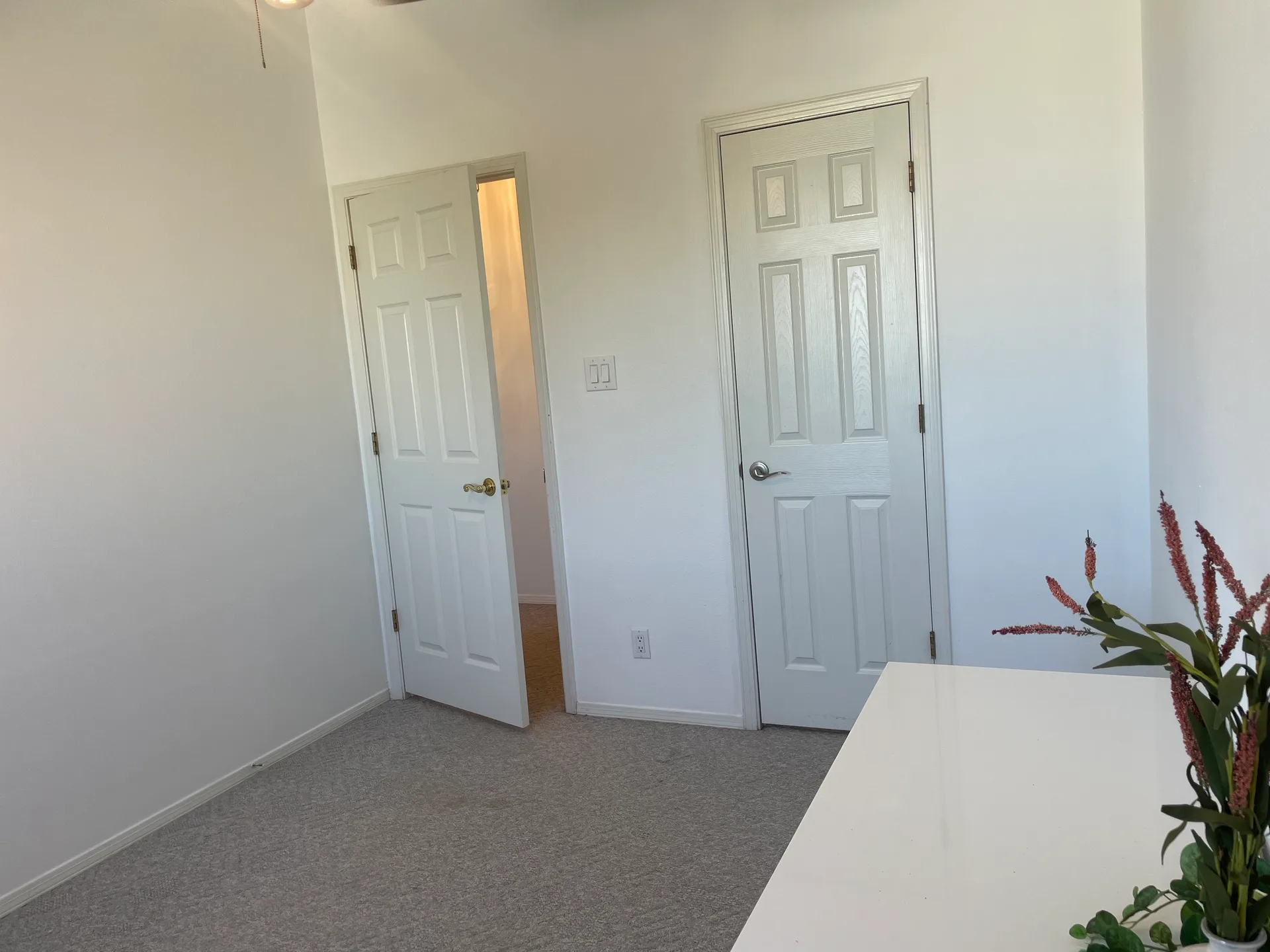 Bedroom with white walls, white trim, and two-panel doors