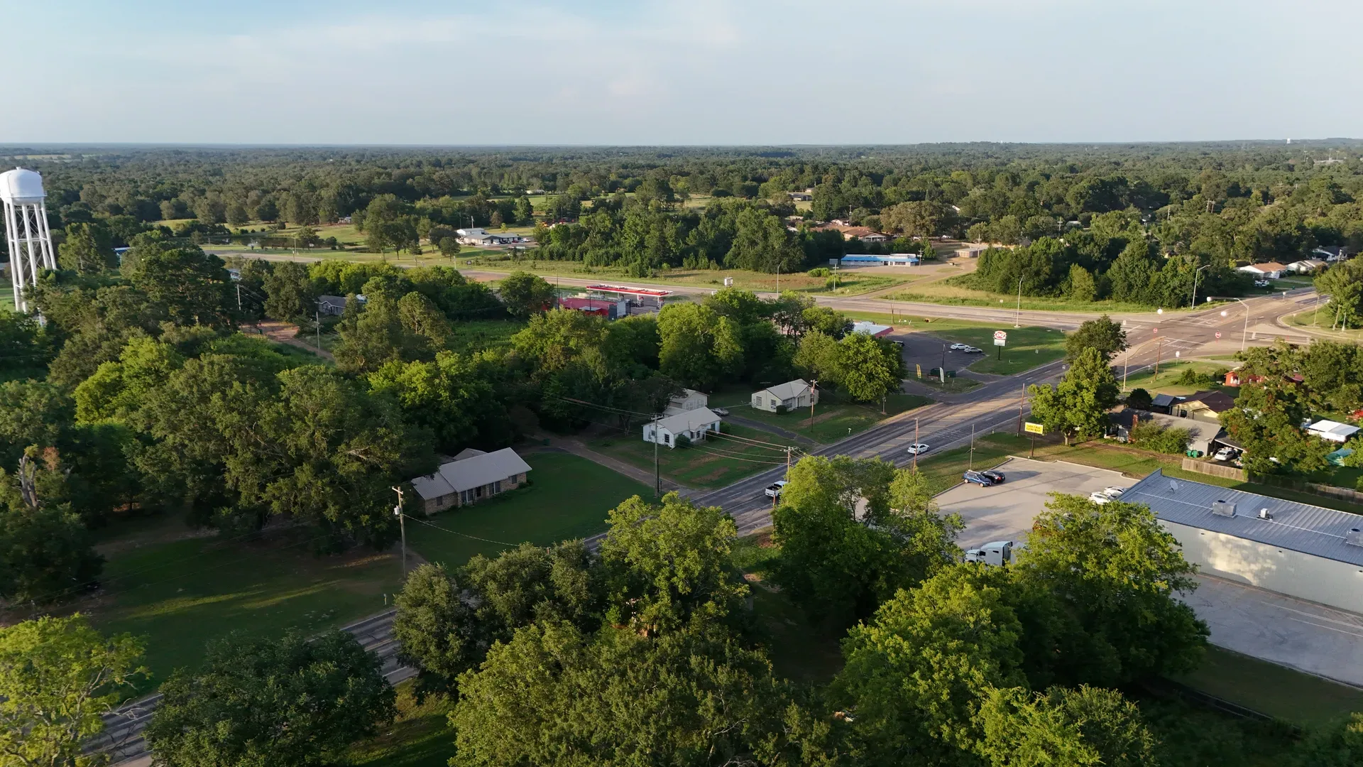 Drone aerial view of a small-town Texas neighborhood