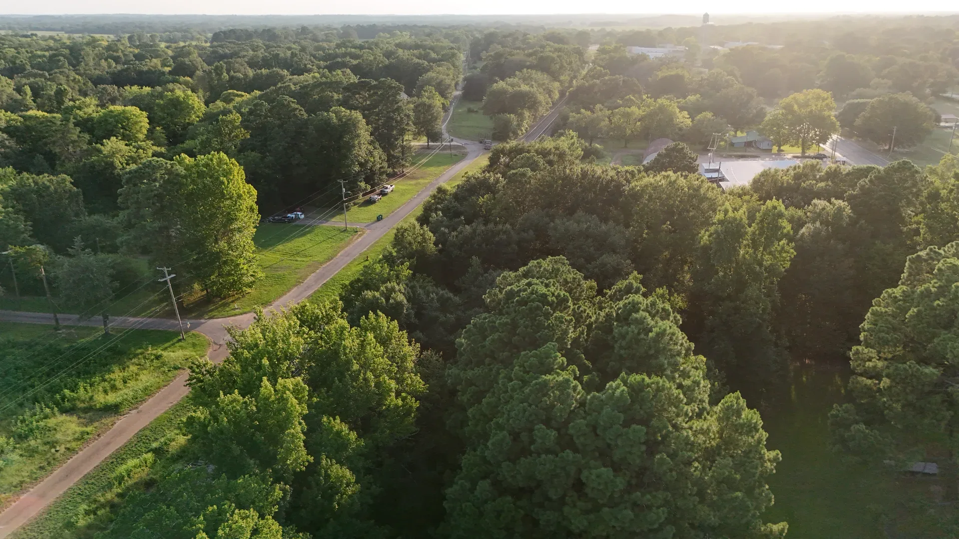 Aerial drone view of a residential neighborhood in a small Texas town