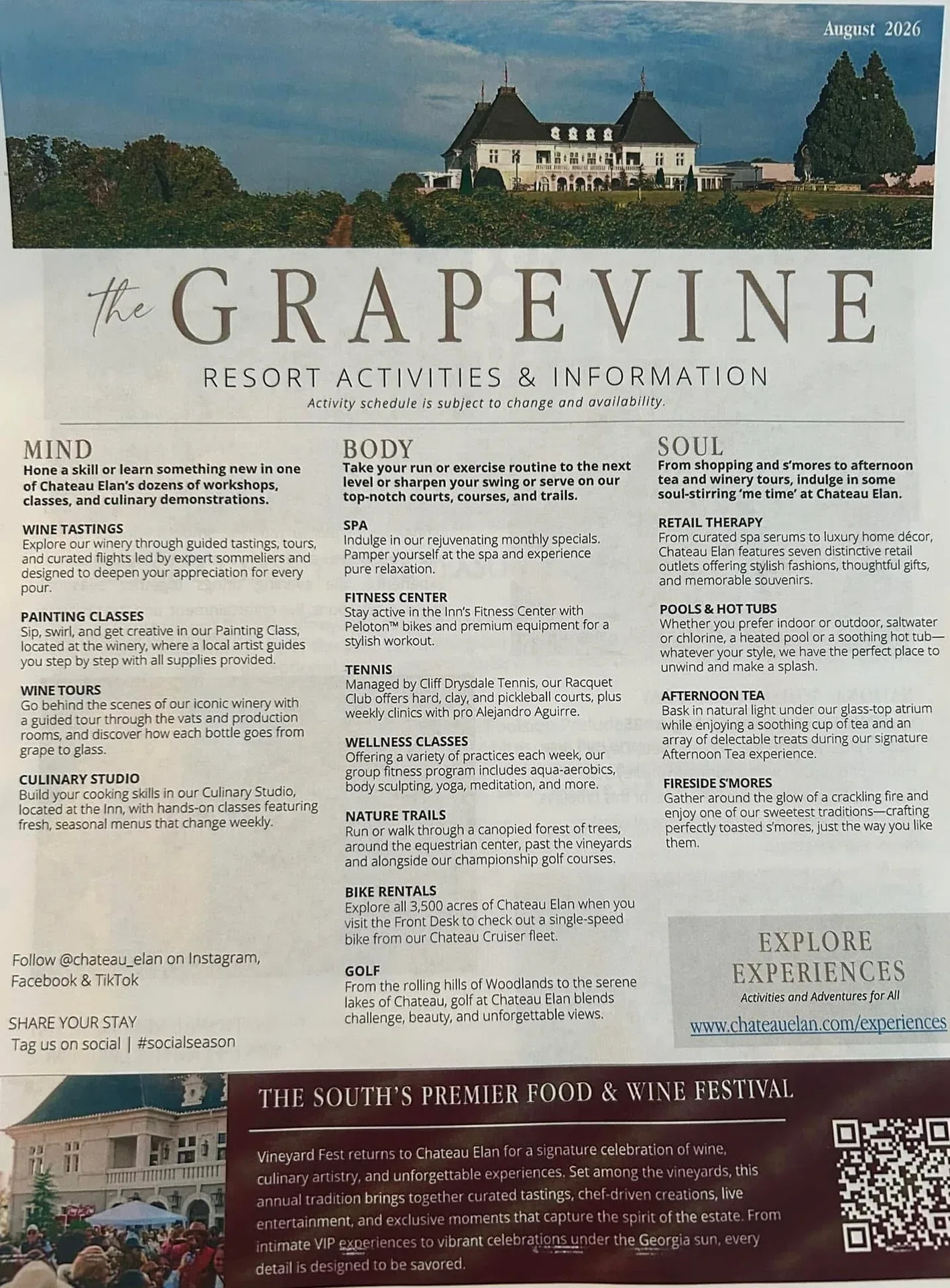 Chateau Elan August 2026 resort activities flyer featuring the winery, spa, golf, and community events