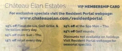 Chateau Elan VIP membership card with resident discount information for dining, spa, and golf
