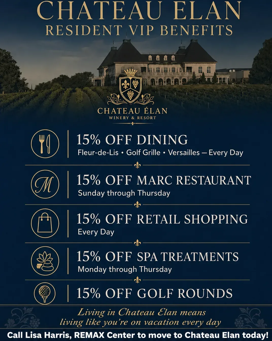 Chateau Elan marketing flyer showcasing the winery and resort with resident VIP discounts on dining, spa, golf, and retail