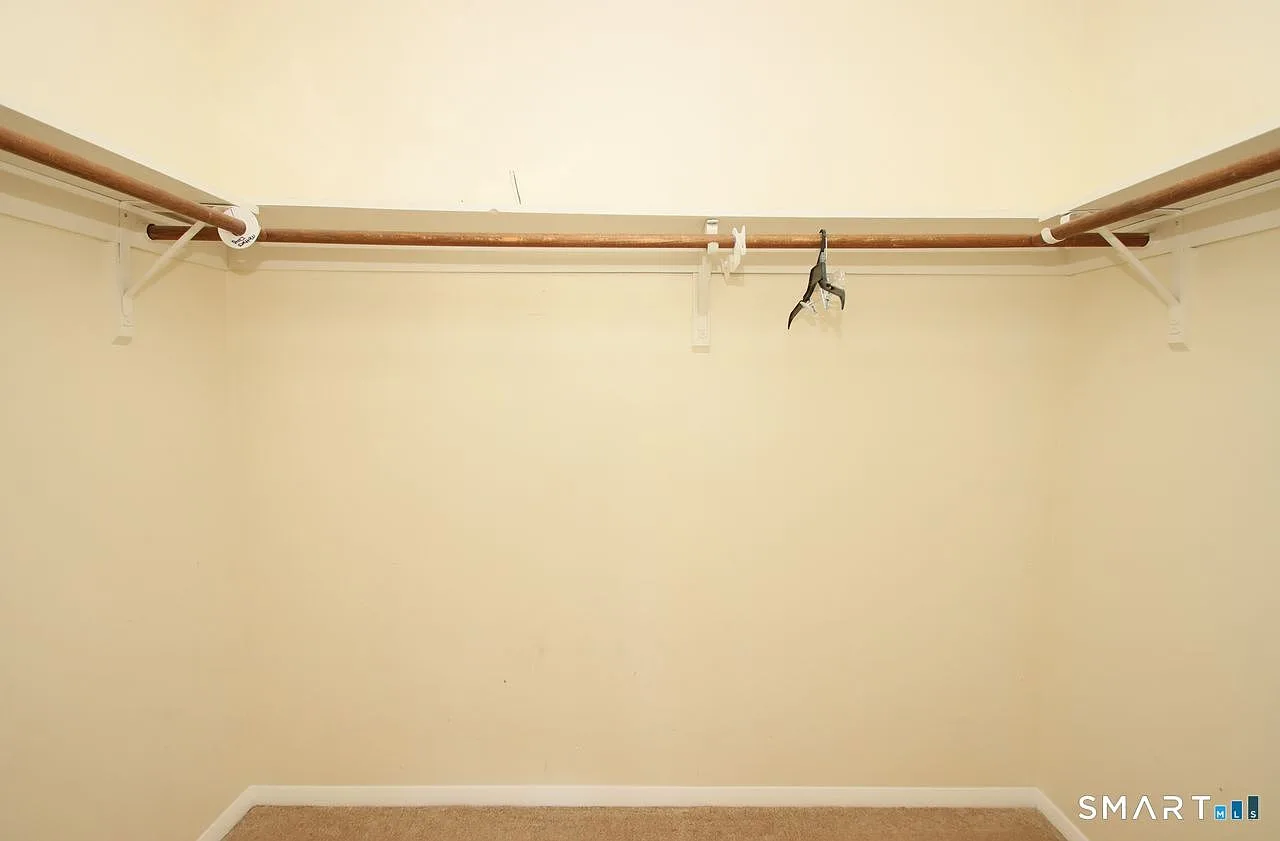 Walk-in closet with wooden hanging rods and tan carpeting