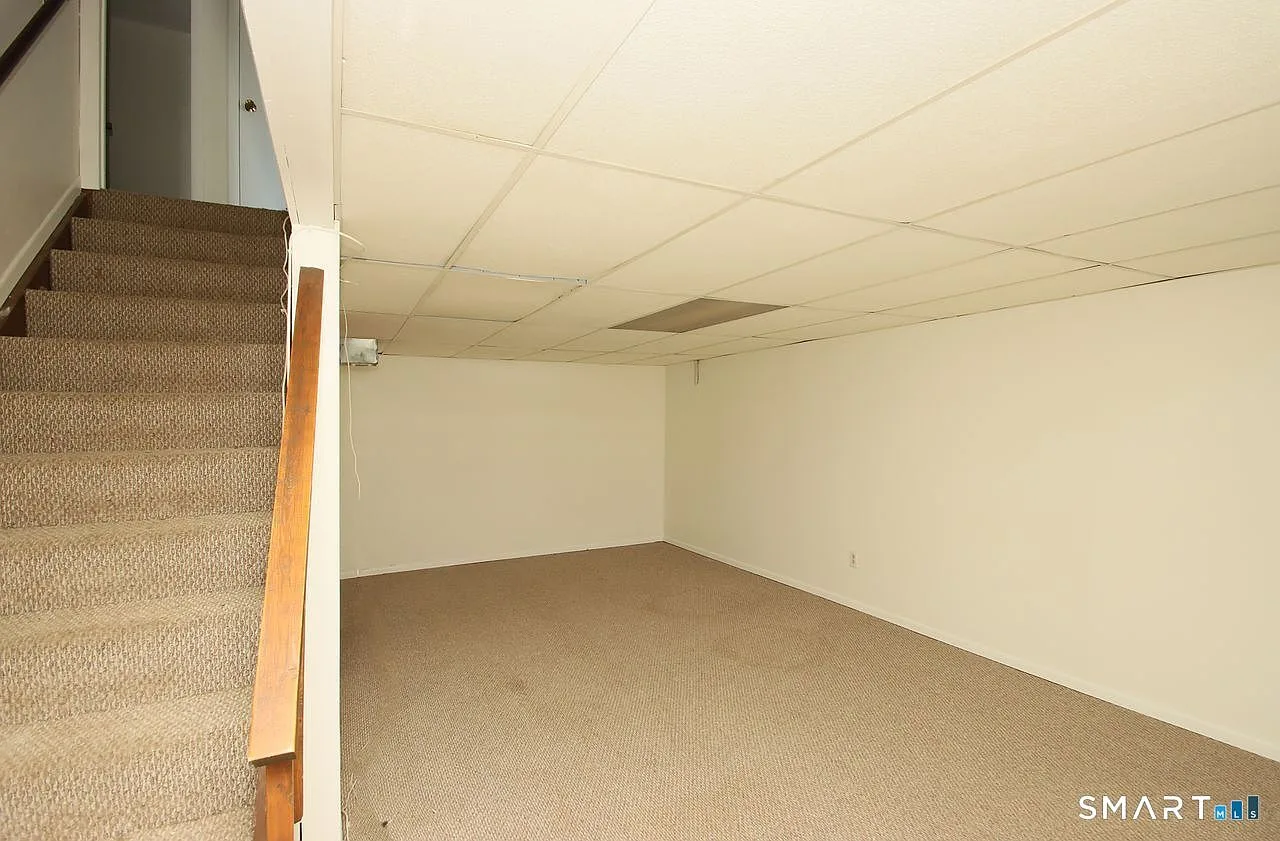 Stairwell leading to unfinished basement with carpeted treads