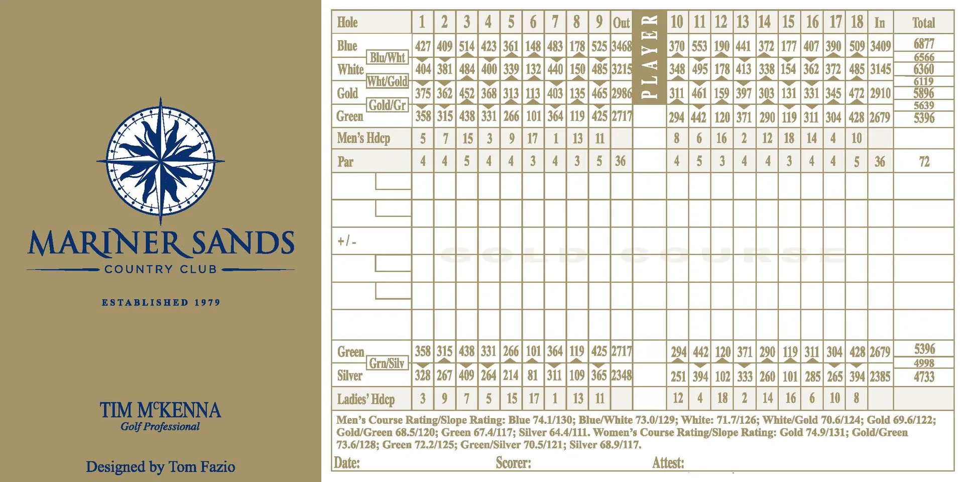Mariner Sands Gold Course official scorecard showing hole-by-hole layout, pars, and yardages