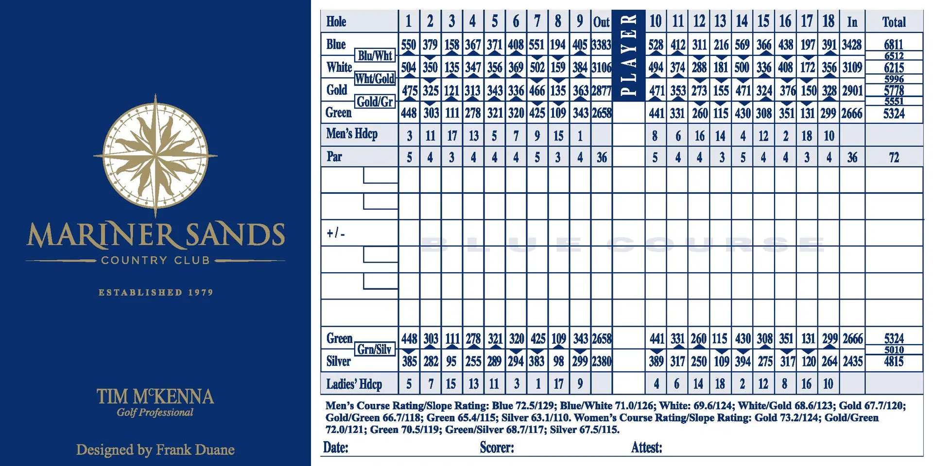Mariner Sands Blue Course official scorecard showing hole-by-hole layout, pars, and yardages