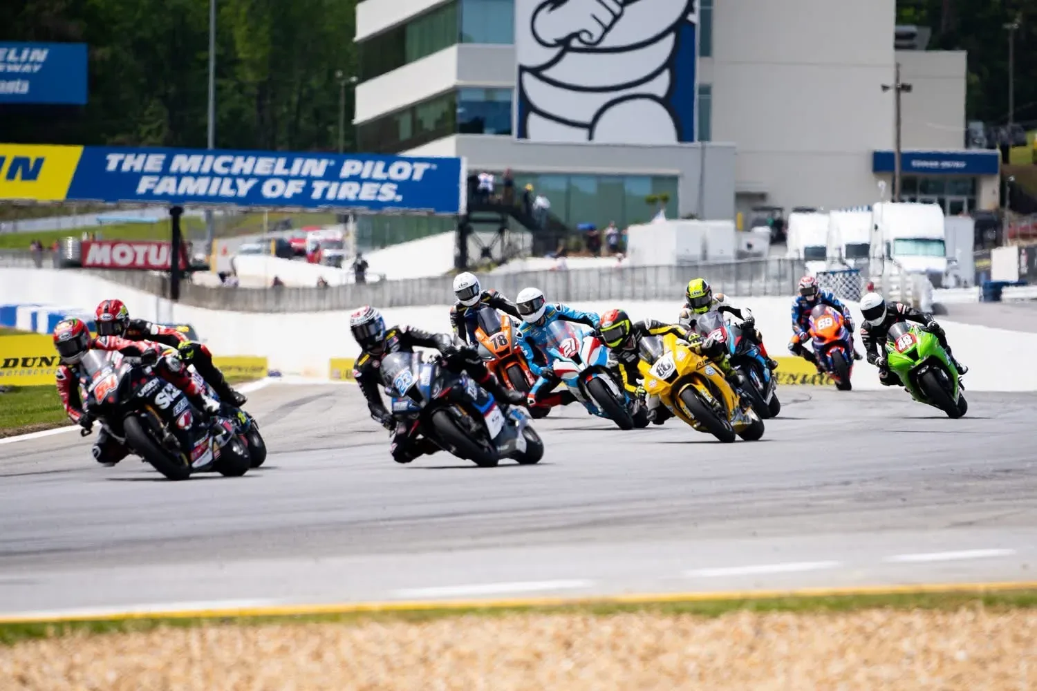 Motorcycle road racing action on the track at Michelin Raceway Road Atlanta near Braselton Georgia