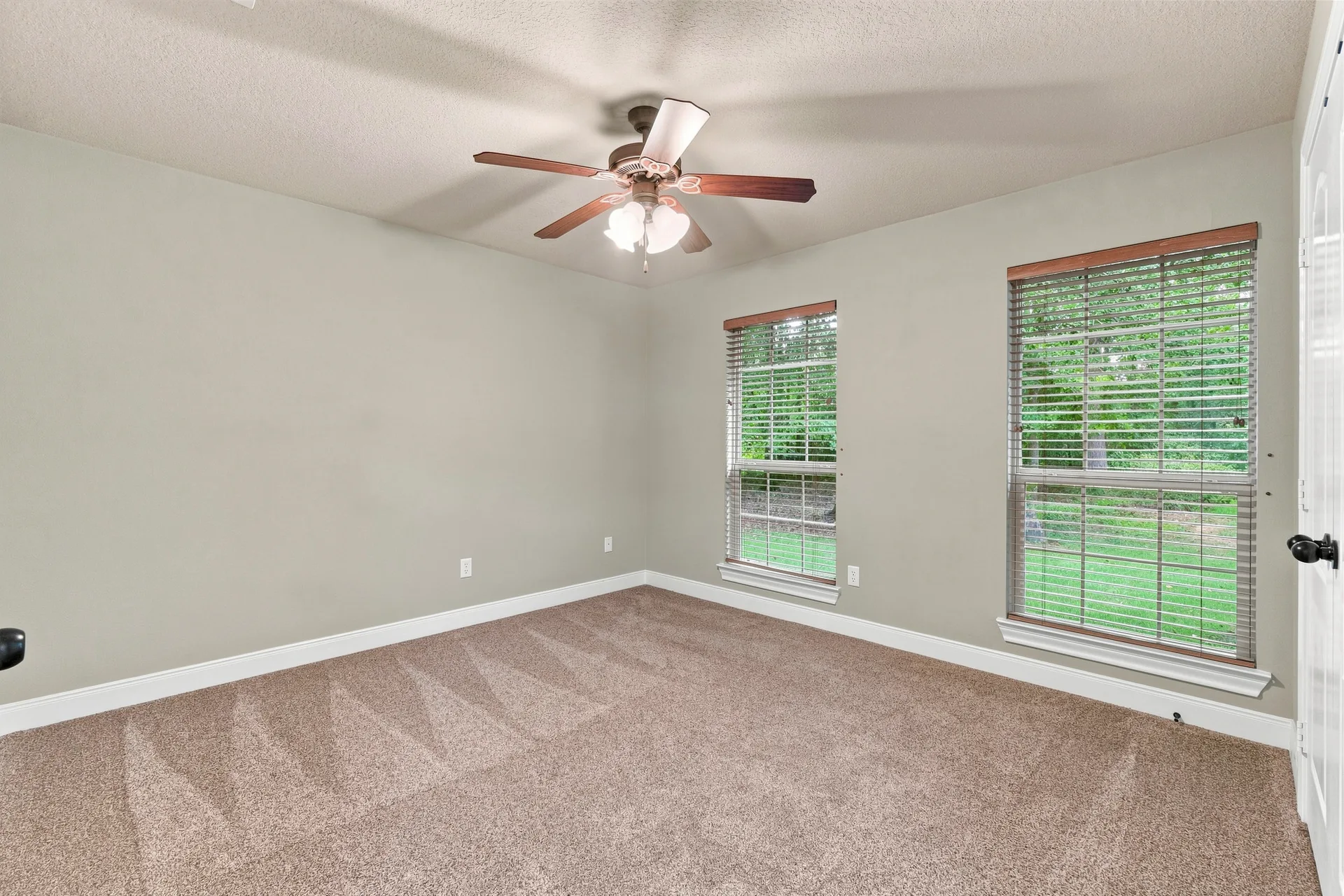 Spacious bedroom with neutral color scheme, beige carpet, and light gray walls with daytime natural light