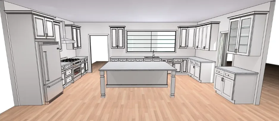 Modern kitchen rendering with cabinetry and island
