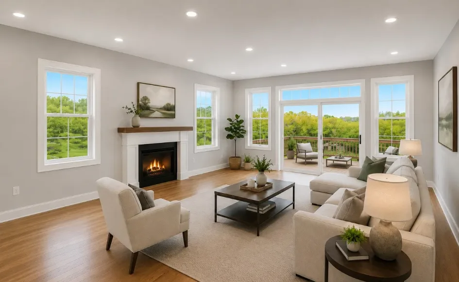 Living room with fireplace, hardwood floors, and sliding glass doors