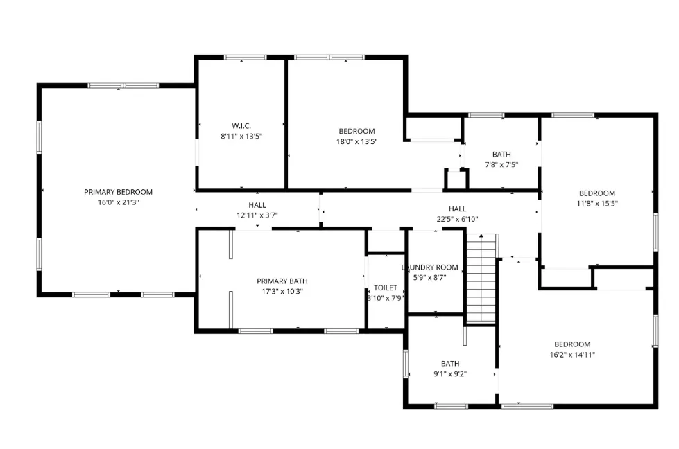Upper level floor plan showing 4 bedrooms, 3 bathrooms, and laundry